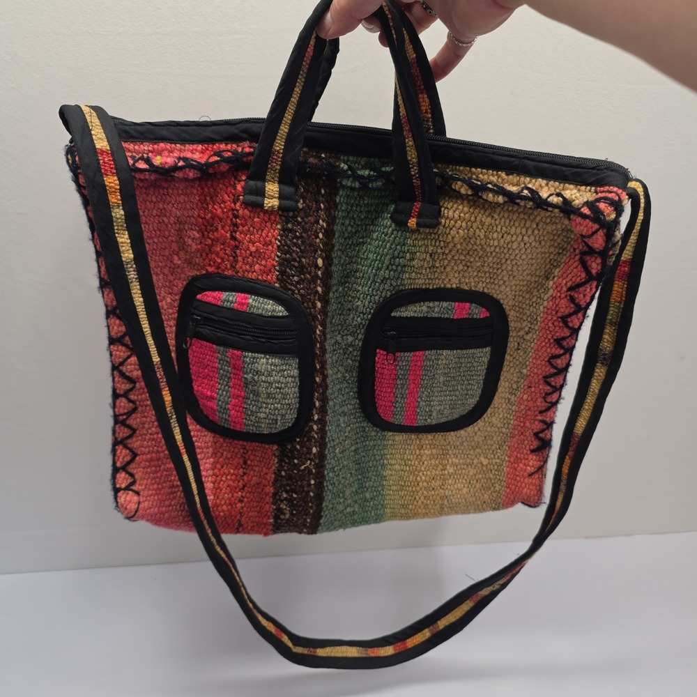 Vintage Woven Kilim Southwestern Boho Shoulder Bag Multi Color Striped Tote